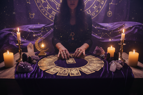 Mystical tarot card reading with candles and crystals